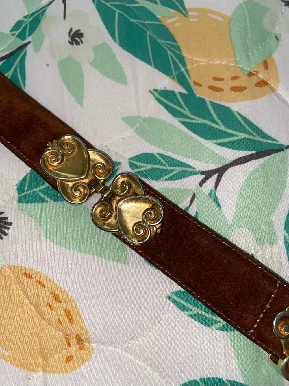 Vintage 90s Brighton TWEED HEARTS Brown Leather Link Belt Gold Ornate